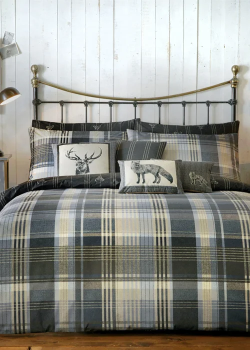 Dreams & Drapes Lodge Connolly Check Brushed Cotton Grey Duvet Cover Set - Single Image 1