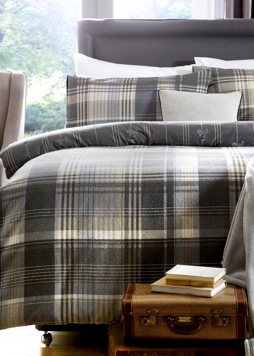 Dreams & Drapes Lodge Connolly Check Brushed Cotton Grey Duvet Cover Set - Single Image 2