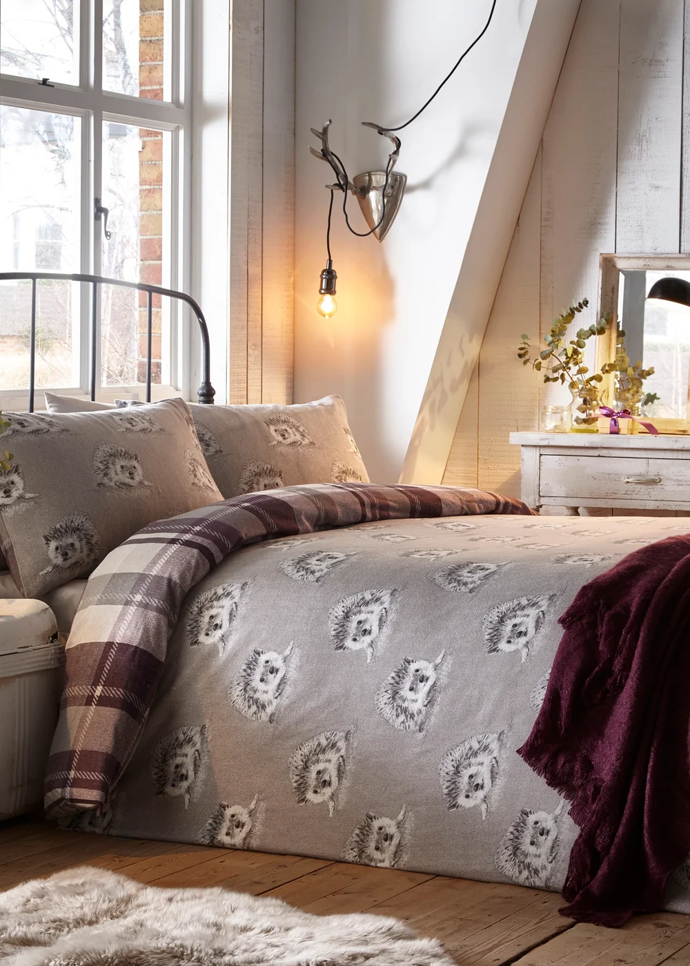 Dreams & Drapes Lodge Colville Check Brushed Cotton Purple Duvet Cover Set - Single Image 3