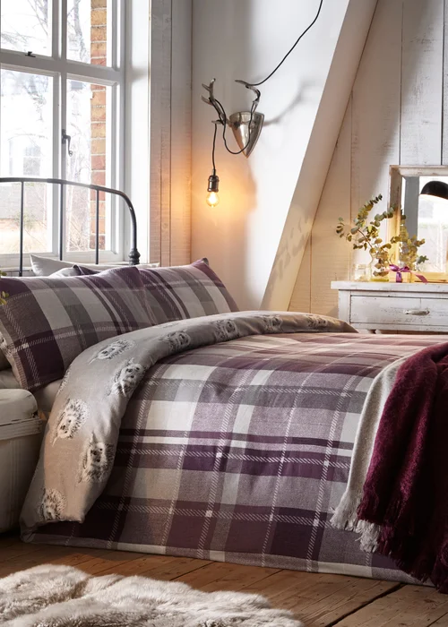 Dreams & Drapes Lodge Colville Check Brushed Cotton Purple Duvet Cover Set - Single Image 1
