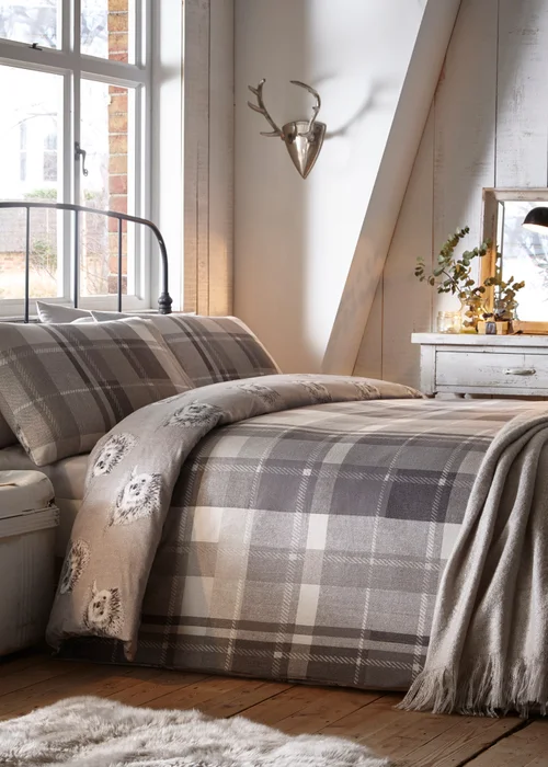 Dreams & Drapes Lodge Colville Check Brushed Cotton Grey Duvet Cover Set - Single Image 1