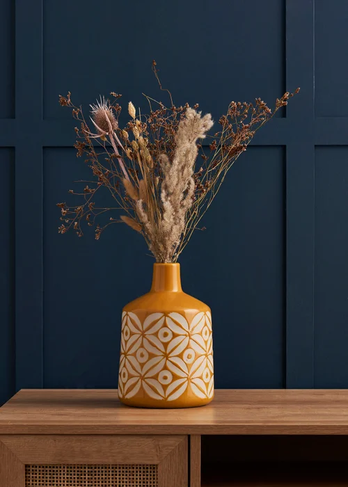 BHS Small Patterned Ceramic Vase Ochre - One Size Image 1
