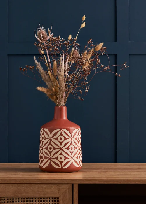 BHS Small Patterned Ceramic Vase Terracotta - One Size Image 1