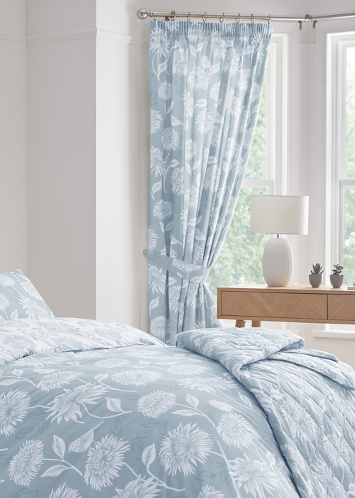 Dreams & Drapes Design Chrysanthemum Blue Pencil Pleat Curtains With Tie-Backs - 66W X 72D (168x183cm) Image 1