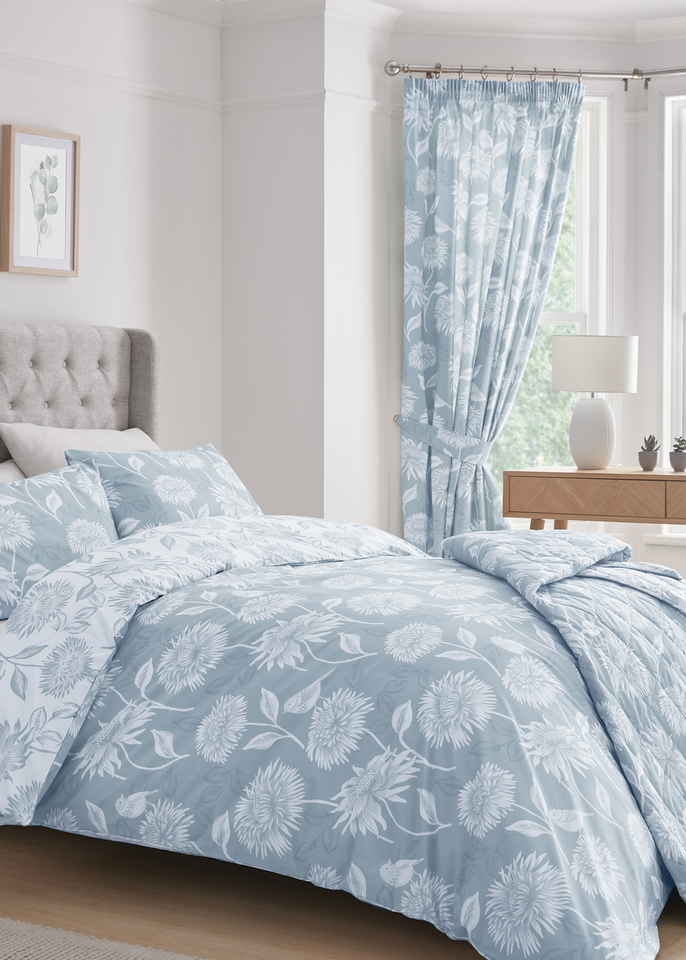 Dreams & Drapes Design Chrysanthemum Blue Pencil Pleat Curtains With Tie-Backs - 66W X 72D (168x183cm) Image 4