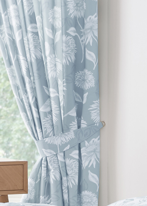 Dreams & Drapes Design Chrysanthemum Blue Pencil Pleat Curtains With Tie-Backs - 66W X 72D (168x183cm) Image 3
