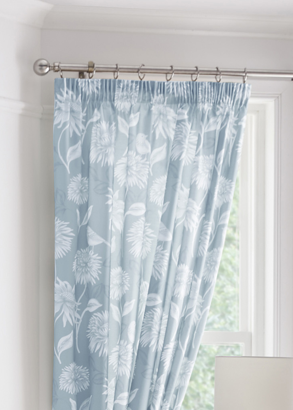 Dreams & Drapes Design Chrysanthemum Blue Pencil Pleat Curtains With Tie-Backs - 66W X 72D (168x183cm) Image 2