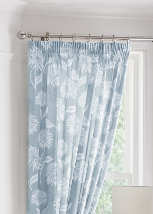 Dreams & Drapes Design Chrysanthemum Blue Pencil Pleat Curtains With Tie-Backs - 66W X 72D (168x183cm) Image 2