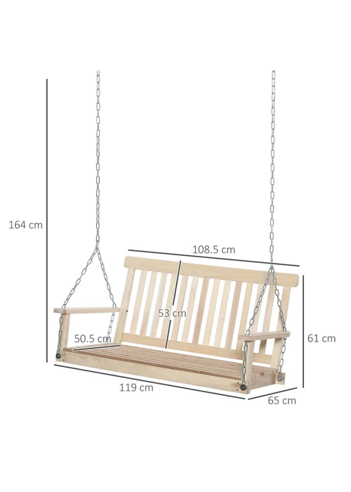 Outsunny Outdoor Wooden Swing Bench 2-Seater Porch Swing Chair Hanging Hammock - One Size Image 3