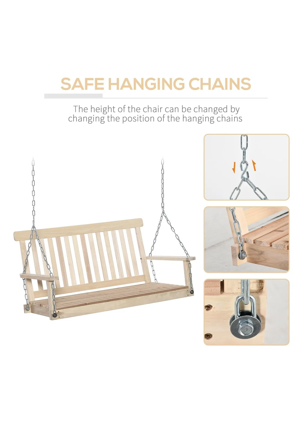 Outsunny Outdoor Wooden Swing Bench 2-Seater Porch Swing Chair Hanging Hammock - One Size Image 5