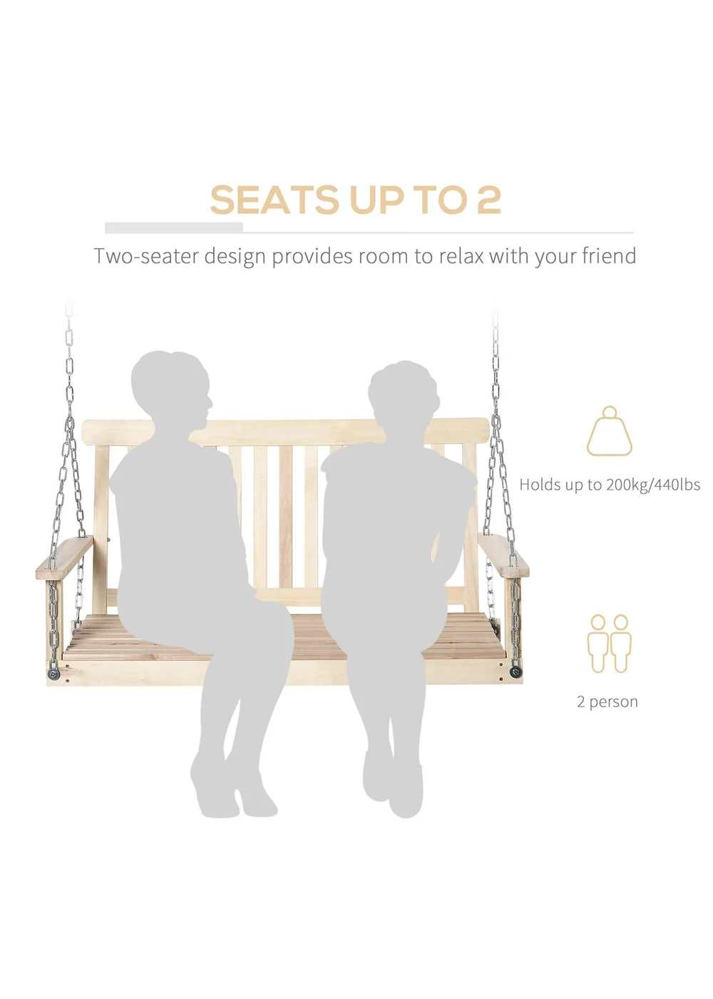 Outsunny Outdoor Wooden Swing Bench 2-Seater Porch Swing Chair Hanging Hammock - One Size Image 4