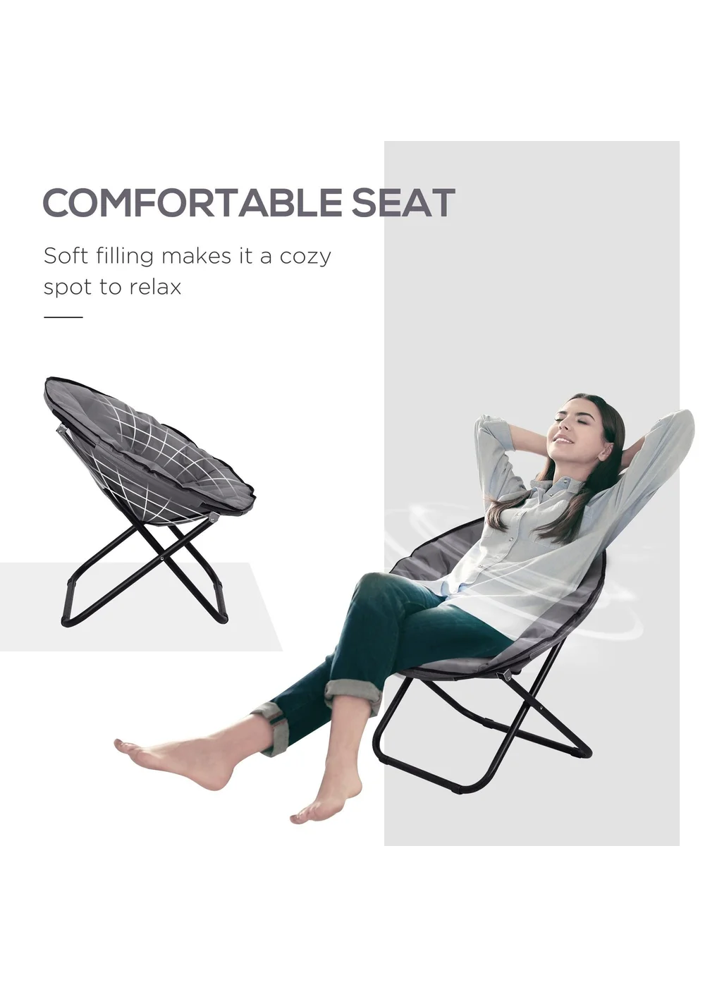 Outsunny Folding Saucer Moon Chair Oversized Padded Seat Round Oxford Grey - One Size Image 5