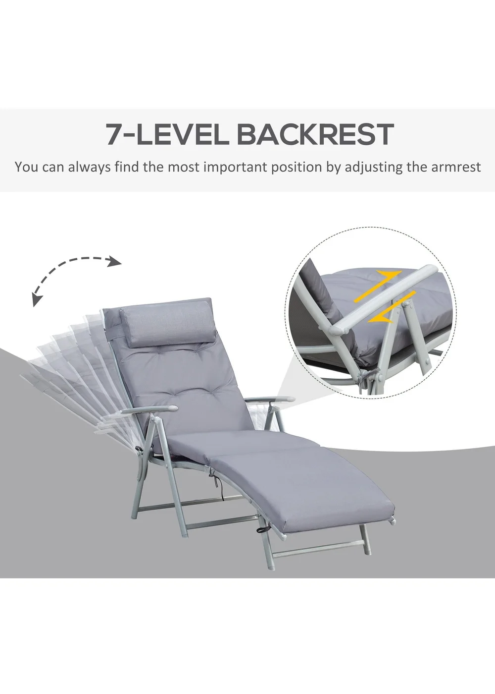 Outsunny Outdoor Patio Sun Lounger Garden Texteline Foldable Reclining Chair with Cushion - Grey - One Size Image 4