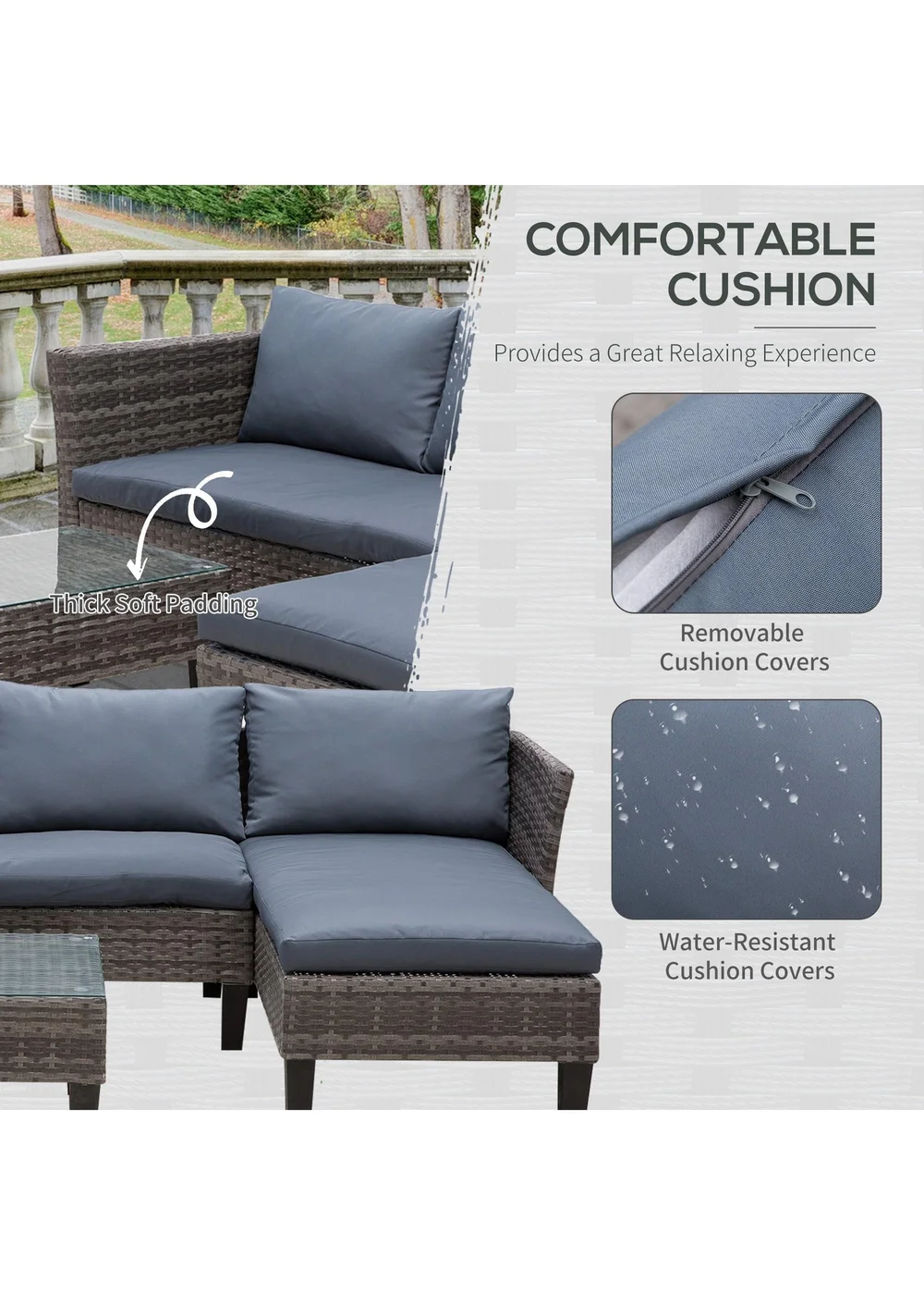 Outsunny 3 Pcs Garden Sofa PE Rattan Set - Grey - One Size Image 5
