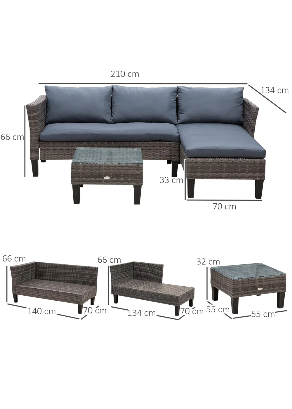 Outsunny 3 Pcs Garden Sofa PE Rattan Set - Grey - One Size Image 3