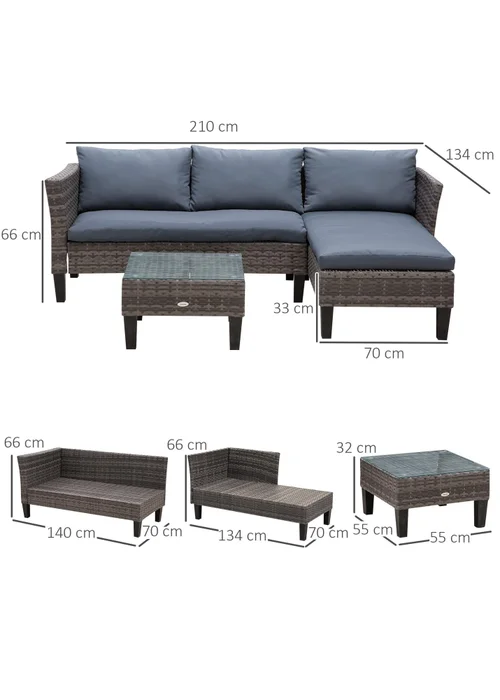 Outsunny 3 Pcs Garden Sofa PE Rattan Set - Grey - One Size Image 3