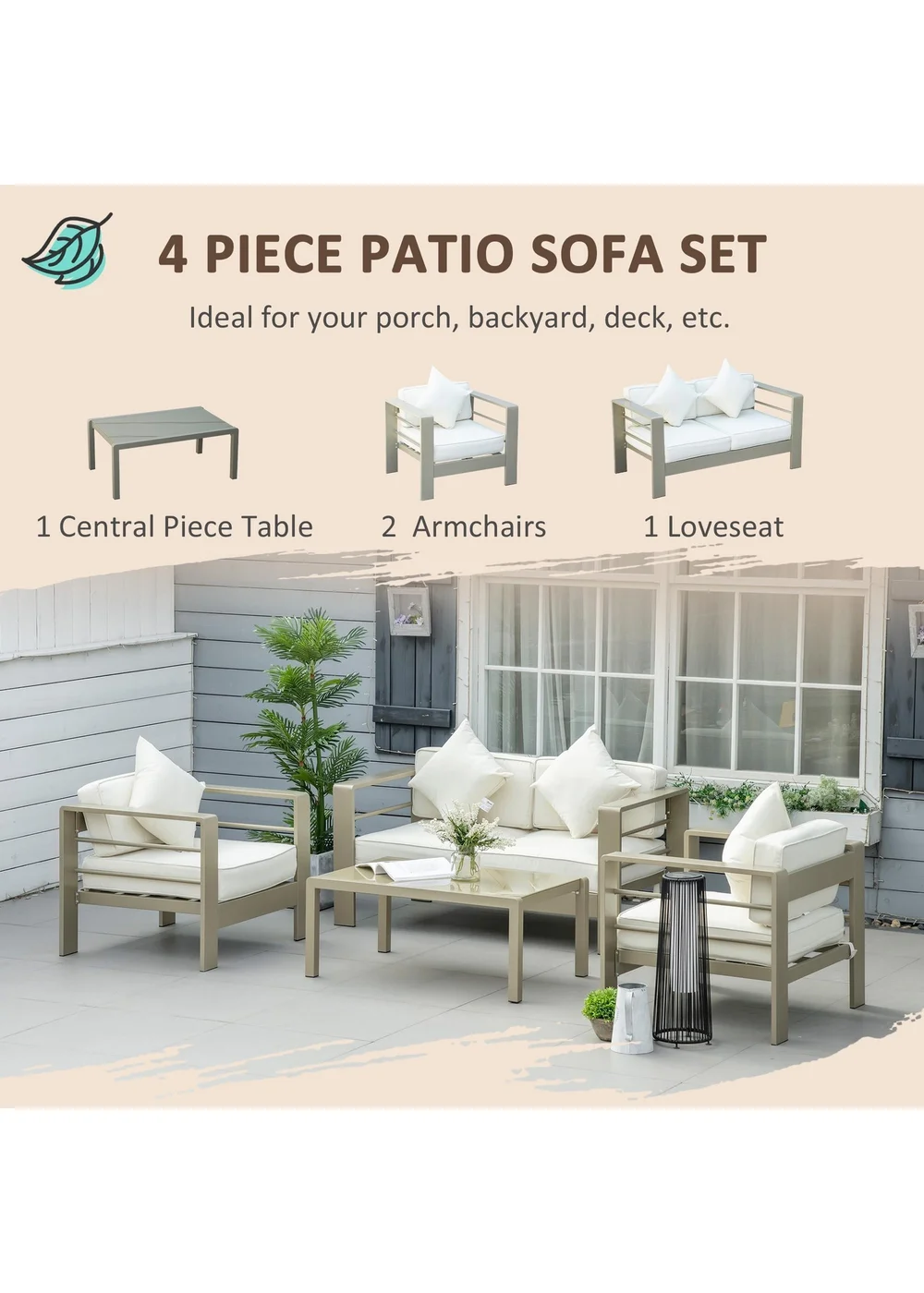 Outsunny 4 PCs Aluminium Garden Furniture Set with Thick Padded Cushion - One Size Image 4
