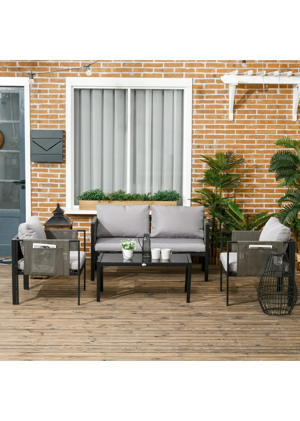 Outsunny 4 Piece Garden Sofa Set with Tempered Glass Coffee Table Padded Cushions - One Size Image 1