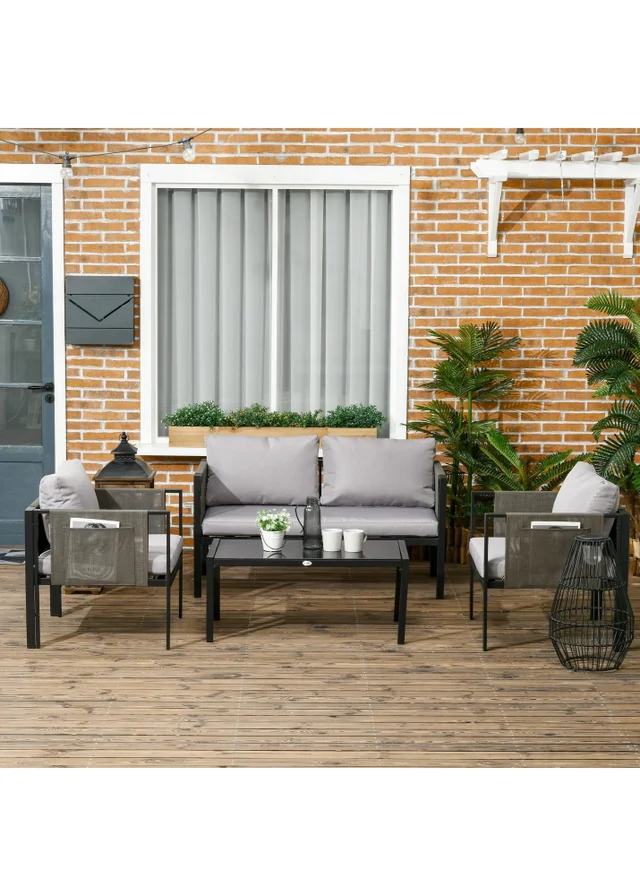 Outsunny 4 Piece Garden Sofa Set with Tempered Glass Coffee Table Padded Cushions
