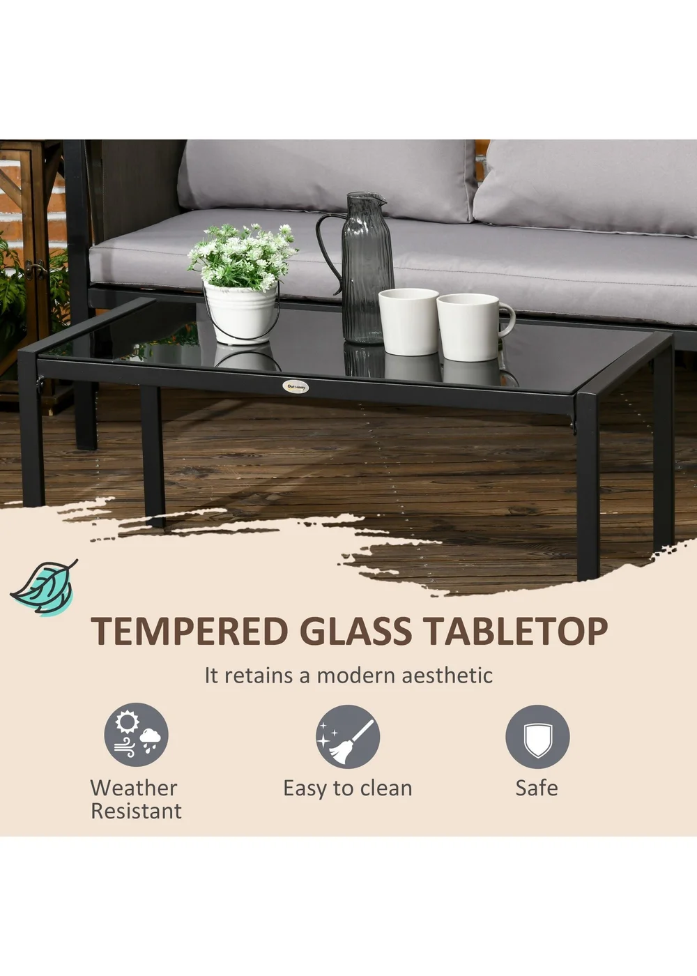 Outsunny 4 Piece Garden Sofa Set with Tempered Glass Coffee Table Padded Cushions - One Size Image 5