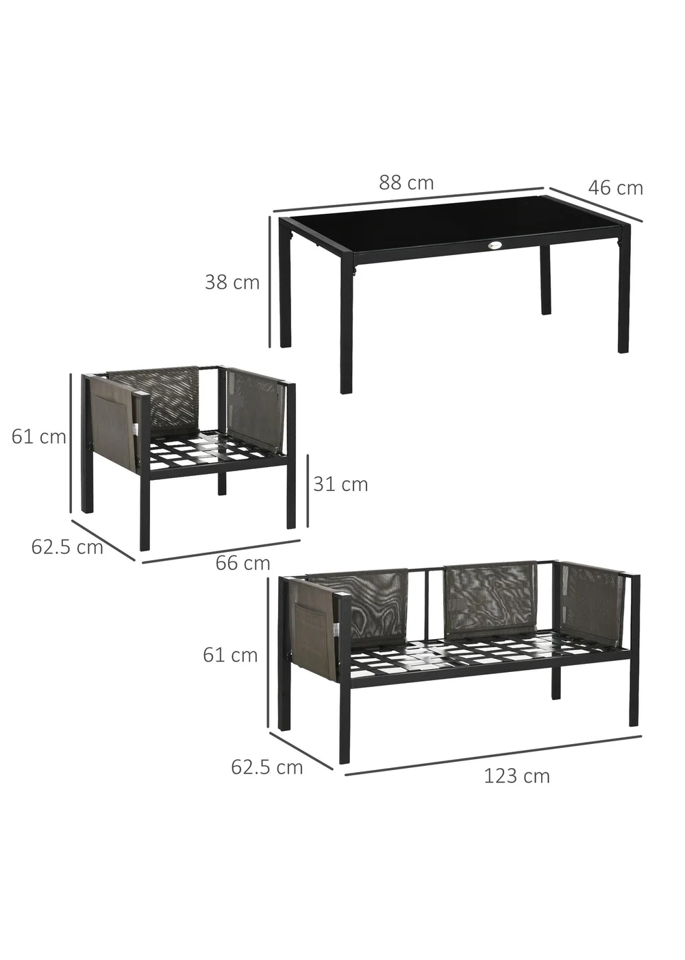 Outsunny 4 Piece Garden Sofa Set with Tempered Glass Coffee Table Padded Cushions - One Size Image 3