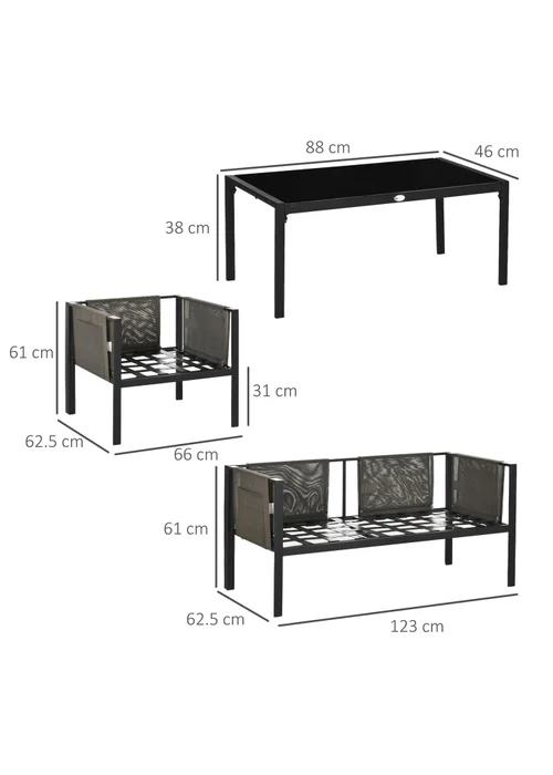 Outsunny 4 Piece Garden Sofa Set with Tempered Glass Coffee Table Padded Cushions - One Size Image 3