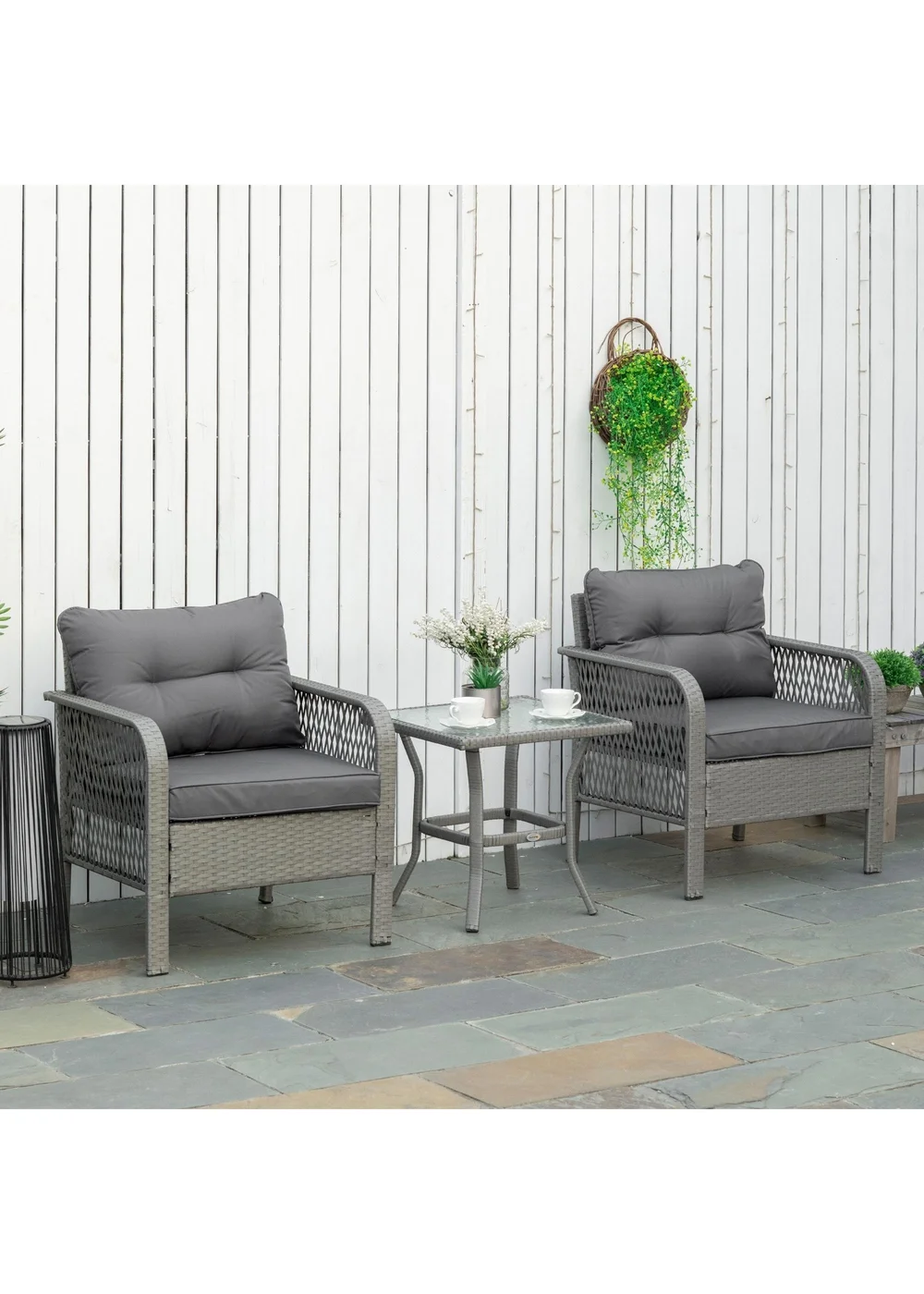 Outsunny 3 Pieces Patio Rattan Bistro Set with Tempered Glass Table - One Size Image 1