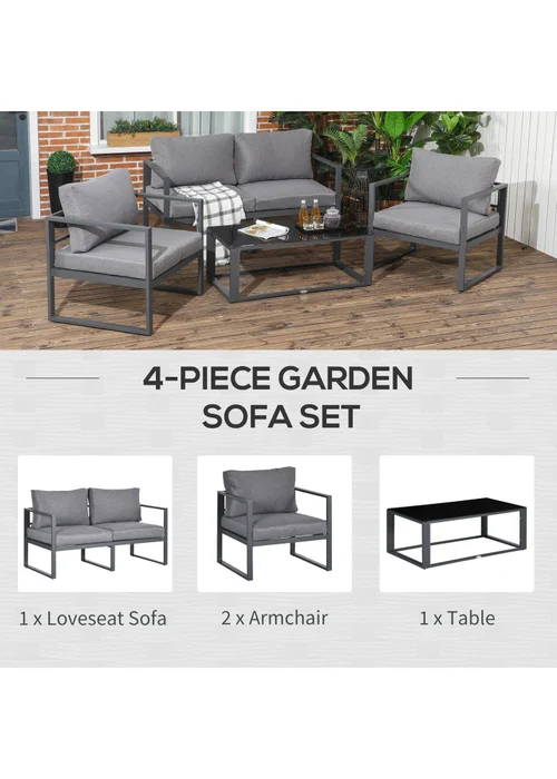 Outsunny 4 Pieces Garden Sectional Sofa Table Furniture Set Aluminium with Cushion - One Size Image 4