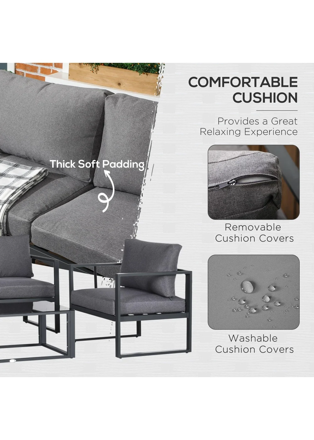 Outsunny 4 Pieces Garden Sectional Sofa Table Furniture Set Aluminium with Cushion - One Size Image 5
