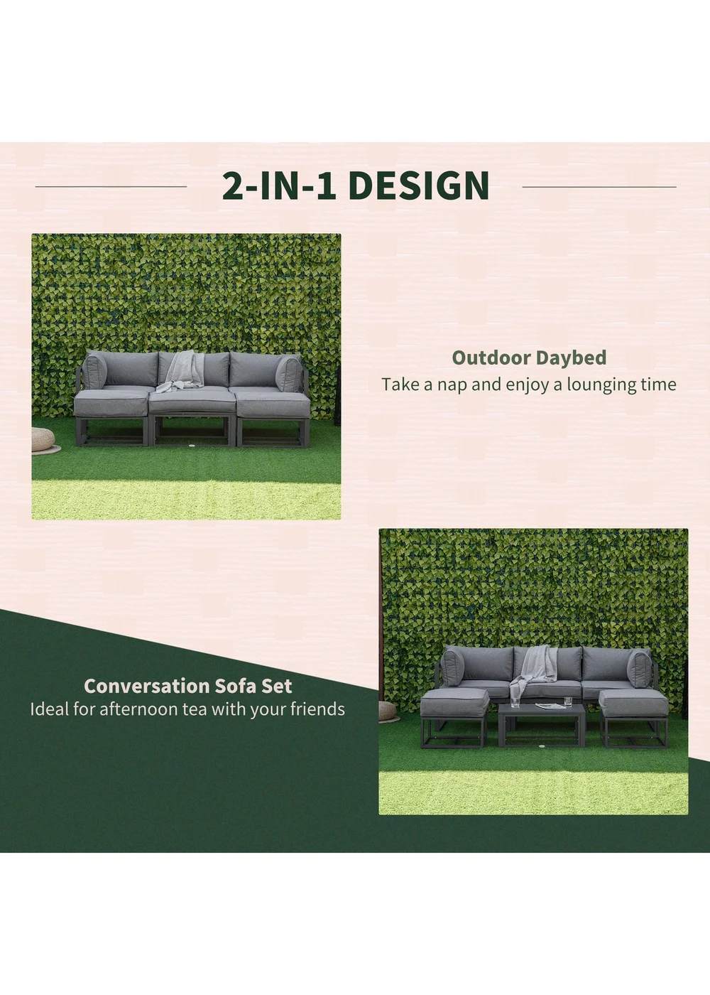 Outsunny 6 PCs Garden Daybed Aluminum Sectional Sofa Set- Grey - One Size Image 4