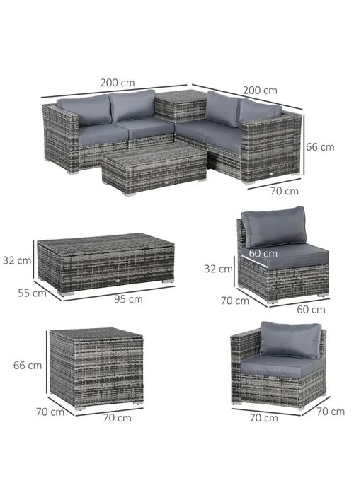 Outsunny 6PC Rattan Corner Sofa Set - Grey - One Size Image 3