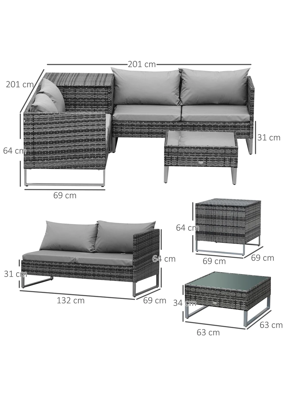 Outsunny 4 PCs Garden Rattan Wicker Outdoor Furniture - Mixed Grey - One Size Image 3