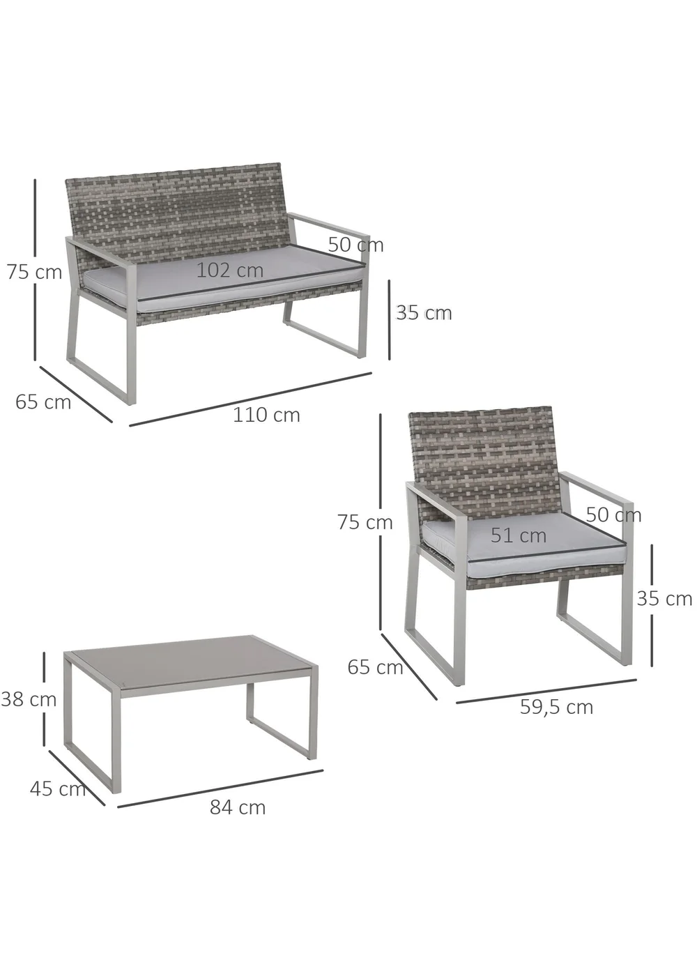 Outsunny 4PC Rattan Garden Furniture Set - Grey - One Size Image 3