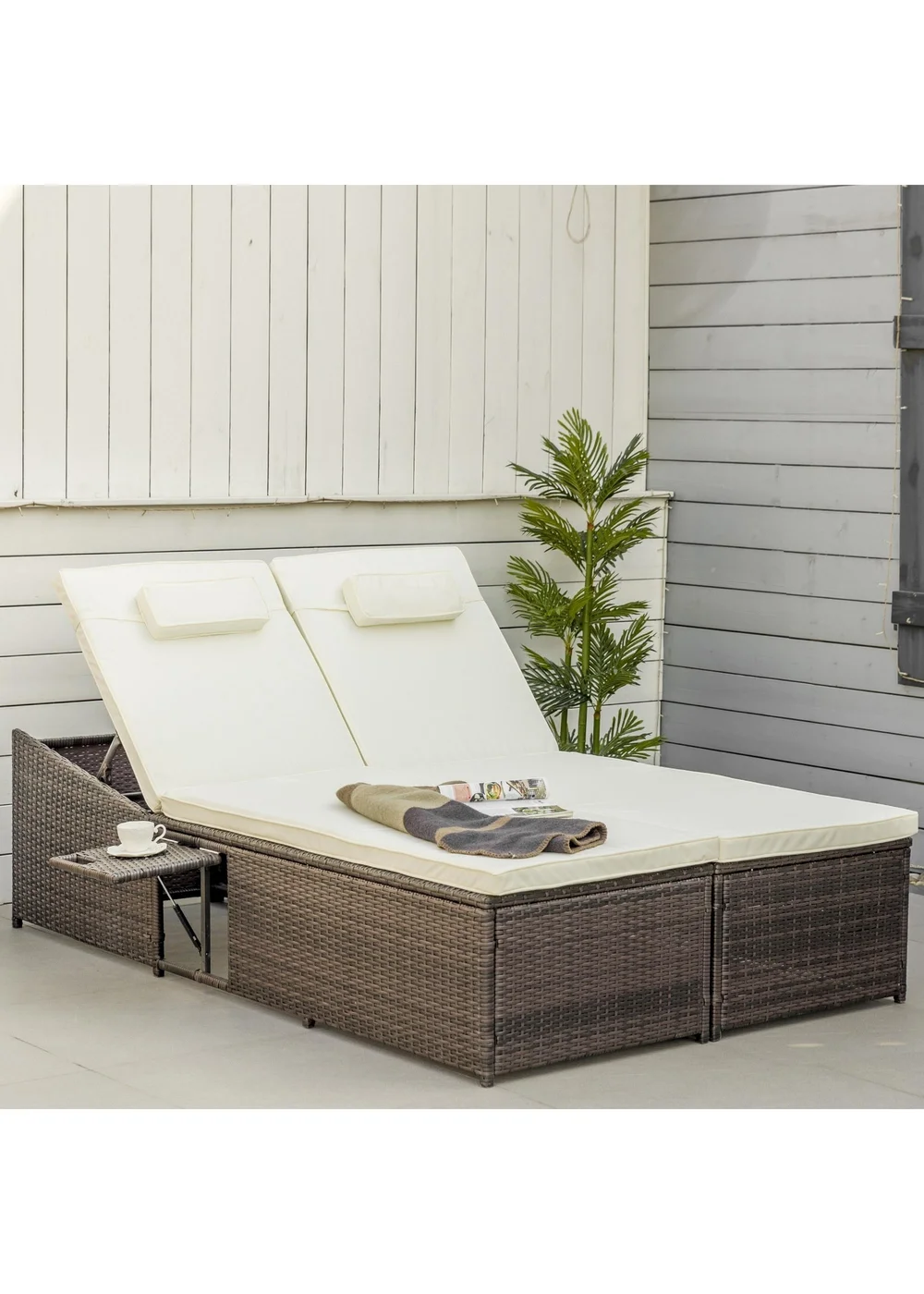Outsunny 2 Seater Double Rattan Sun Lounger - Cream White - One Size Image 1