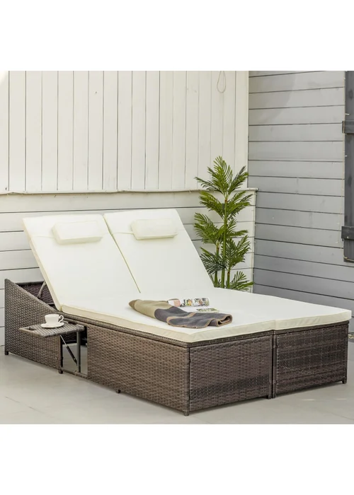 Outsunny 2 Seater Double Rattan Sun Lounger - Cream White - One Size Image 1