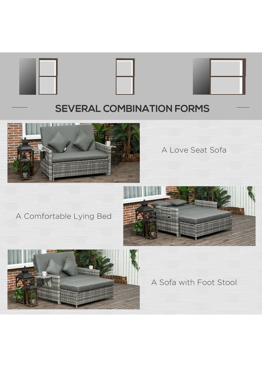 Outsunny 2 Seater Rattan Furniture Sofa Sun Lounger Daybed - One Size Image 5