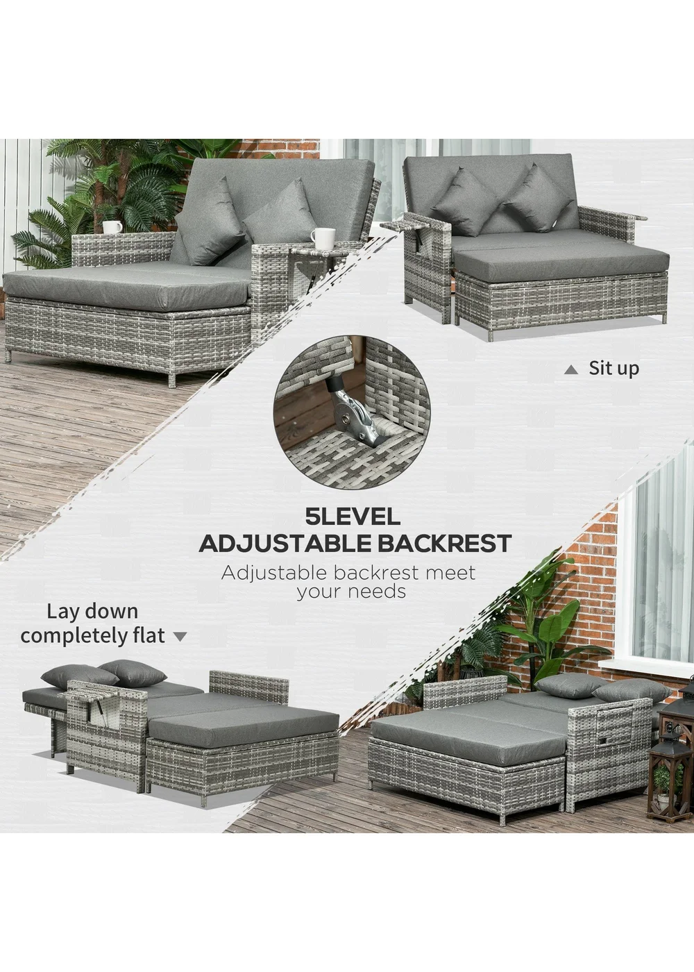 Outsunny 2 Seater Rattan Furniture Sofa Sun Lounger Daybed - One Size Image 4