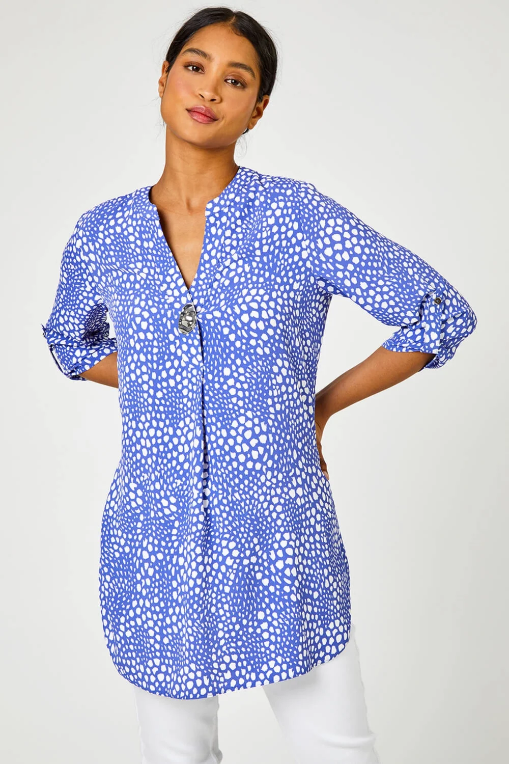 Roman Blue Longline Button Detail Abstract Spot Tunic Top - Size 22 Image 4