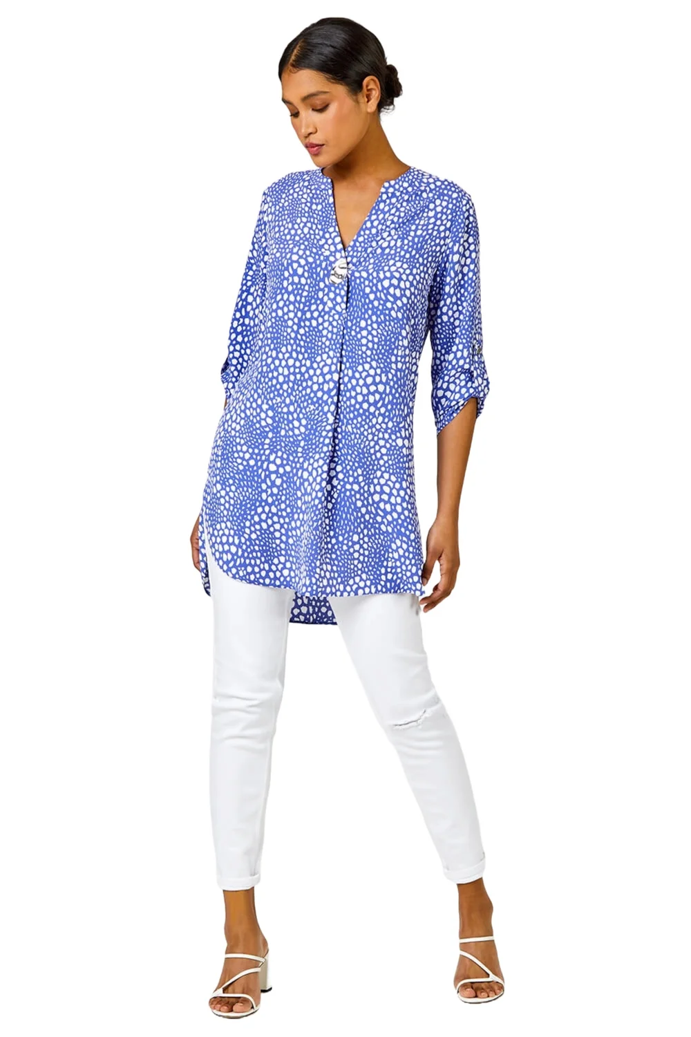 Roman Blue Longline Button Detail Abstract Spot Tunic Top - Size 22 Image 1