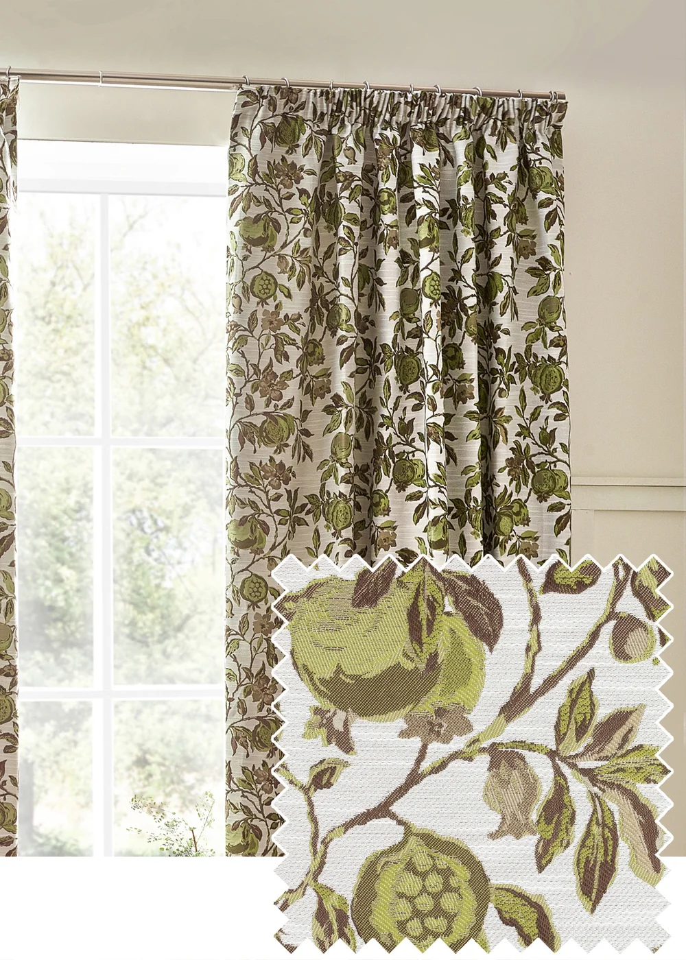 Wylder Nature Pomegranate Floral Jacquard Pencil Pleat Curtains - 46W X 54D (117x137cm) Image 1