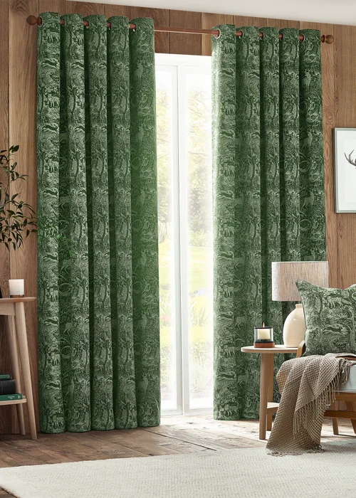 furn. Winter Woods Animal Chenille Eyelet Curtains Emerald - ZAC Image 2