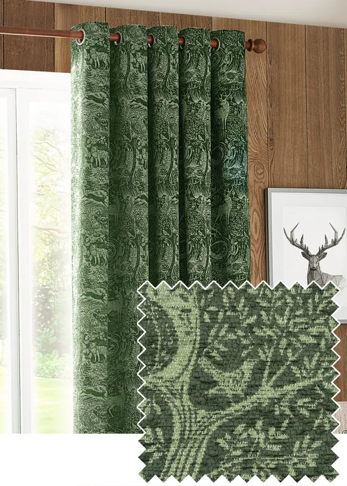 furn. Winter Woods Animal Chenille Eyelet Curtains Emerald - ZAC Image 1