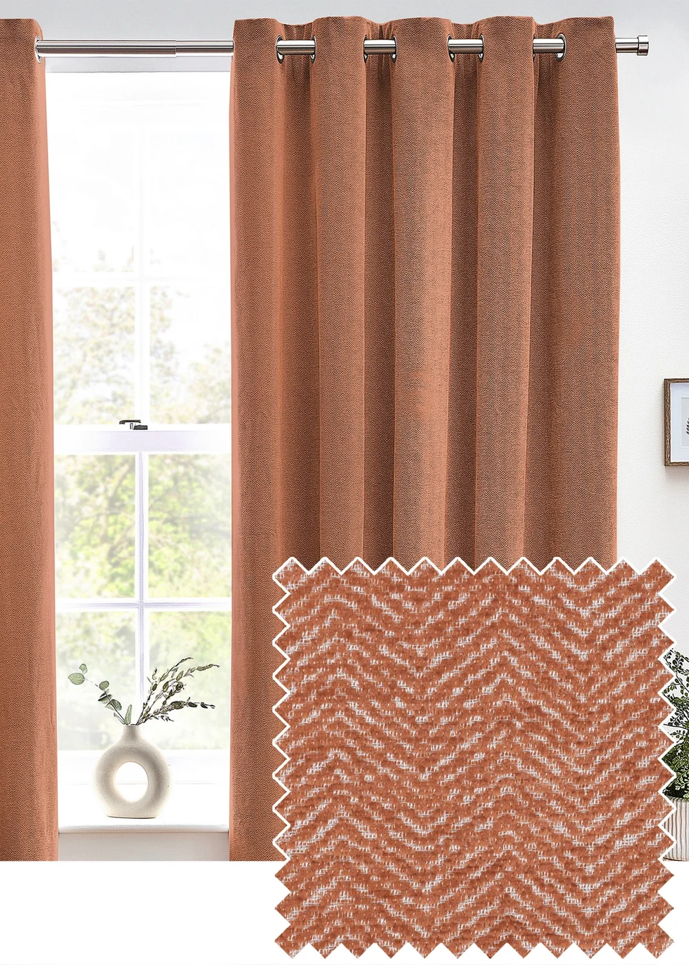 furn. Hudson Herringbone Chenille Eyelet Curtains Terracotta - ZAC Image 1