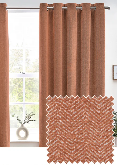 furn. Hudson Herringbone Chenille Eyelet Curtains Terracotta - ZAC Image 1