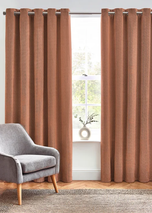 furn. Hudson Herringbone Chenille Eyelet Curtains Terracotta - ZAC Image 4