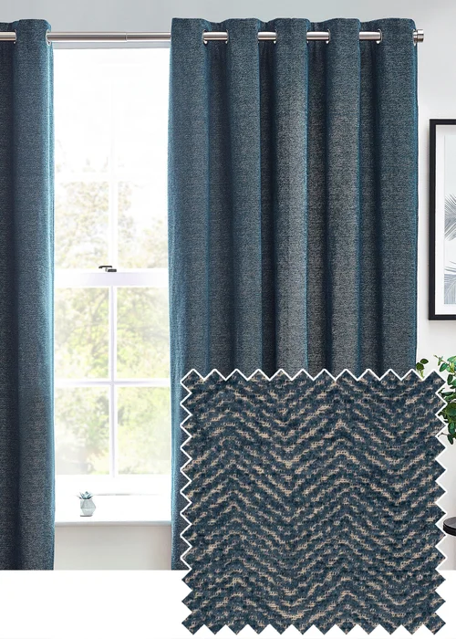 furn. Hudson Herringbone Chenille Eyelet Curtains Blue - ZAC Image 1