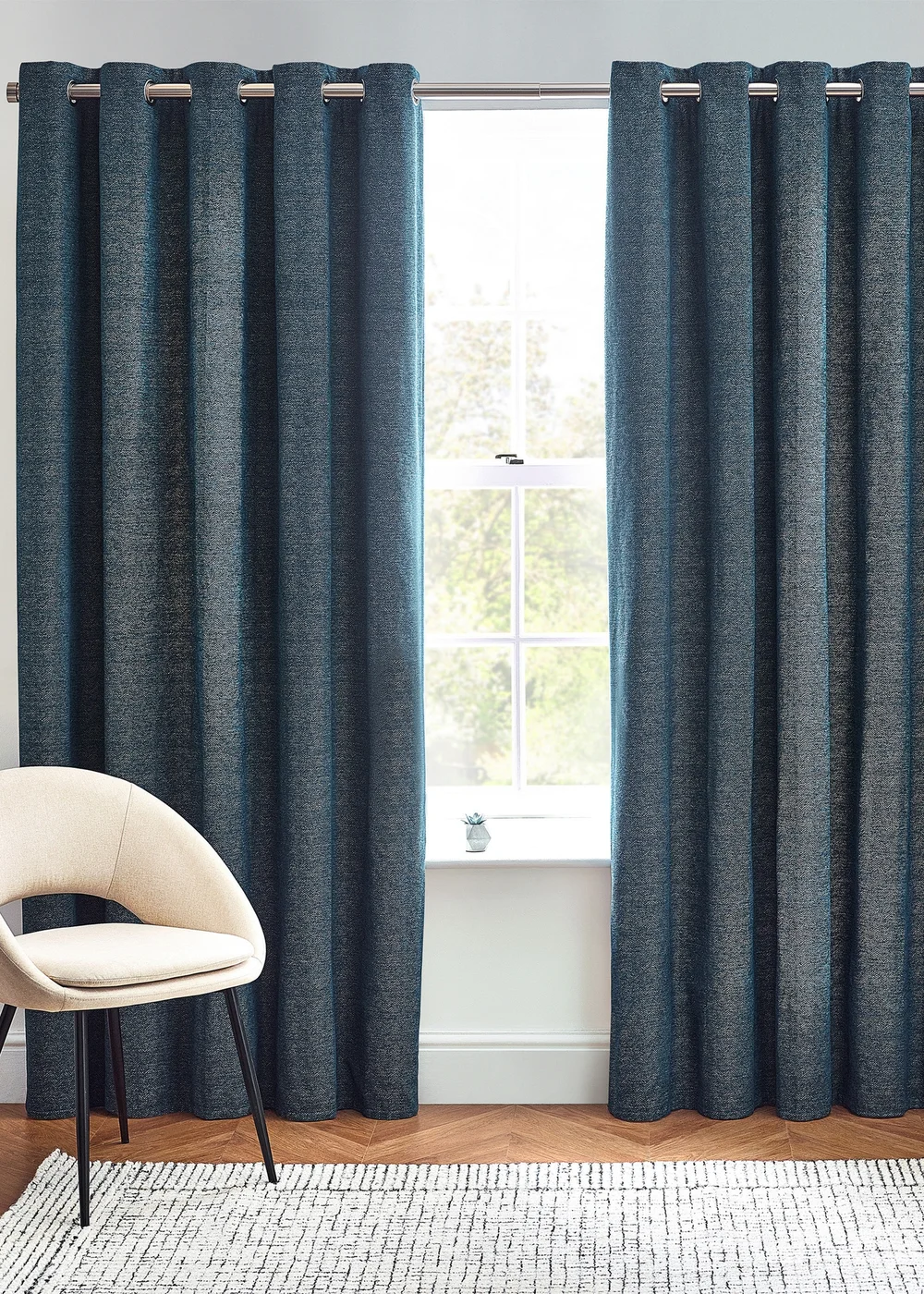 furn. Hudson Herringbone Chenille Eyelet Curtains Blue - ZAC Image 4