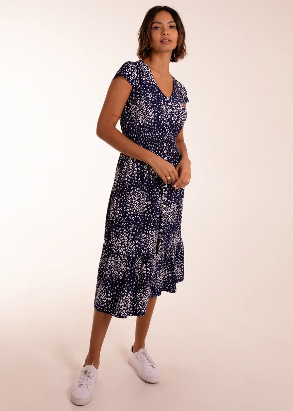 Blue Vanilla Navy Button Through Shirred Waist Midi Dress - 8 Image 1