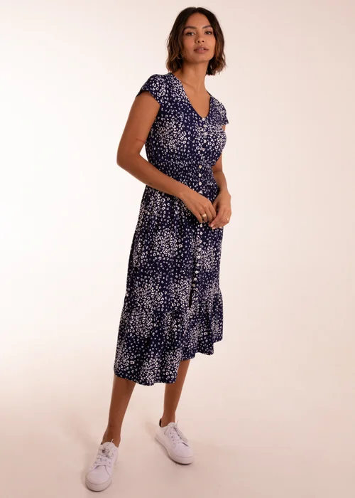 Blue Vanilla Navy Button Through Shirred Waist Midi Dress - 8 Image 1