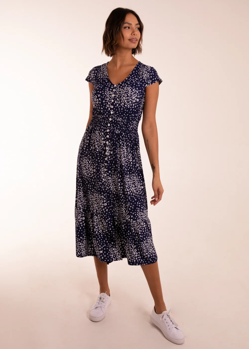 Blue Vanilla Navy Button Through Shirred Waist Midi Dress - 8 Image 3